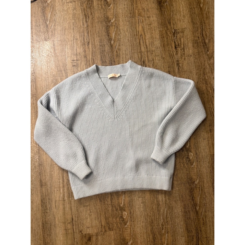 Tory Burch Wool Cashmere V-Neck Ribbed Sweater Light Blue Small 10005922